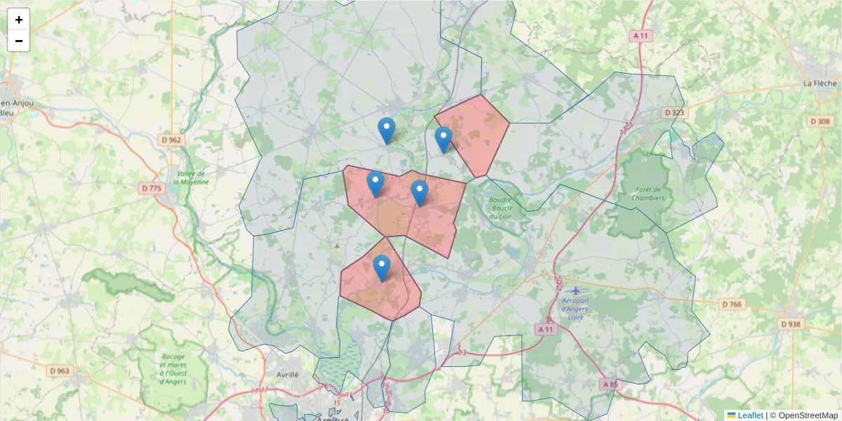 Carte de la zone du code postal  et des codes postaux voisins en France