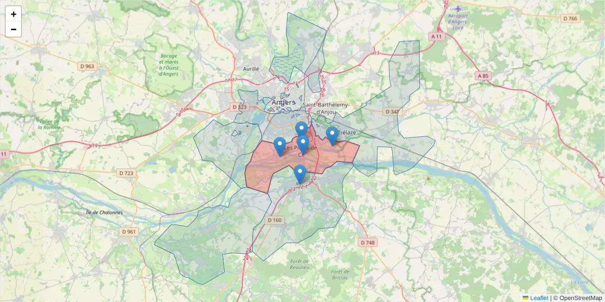 Carte de la zone du code postal  et des codes postaux voisins en France