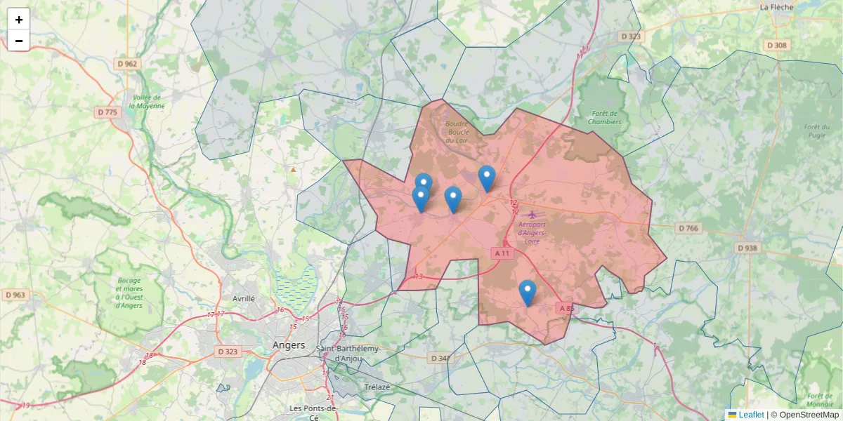 Carte de la zone du code postal  et des codes postaux voisins en France