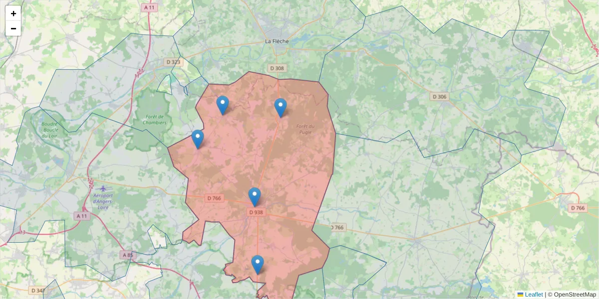 Carte de la zone du code postal  et des codes postaux voisins en France