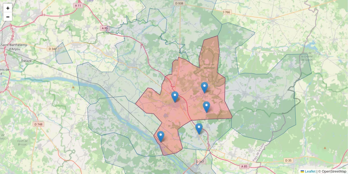 Carte de la zone du code postal  et des codes postaux voisins en France
