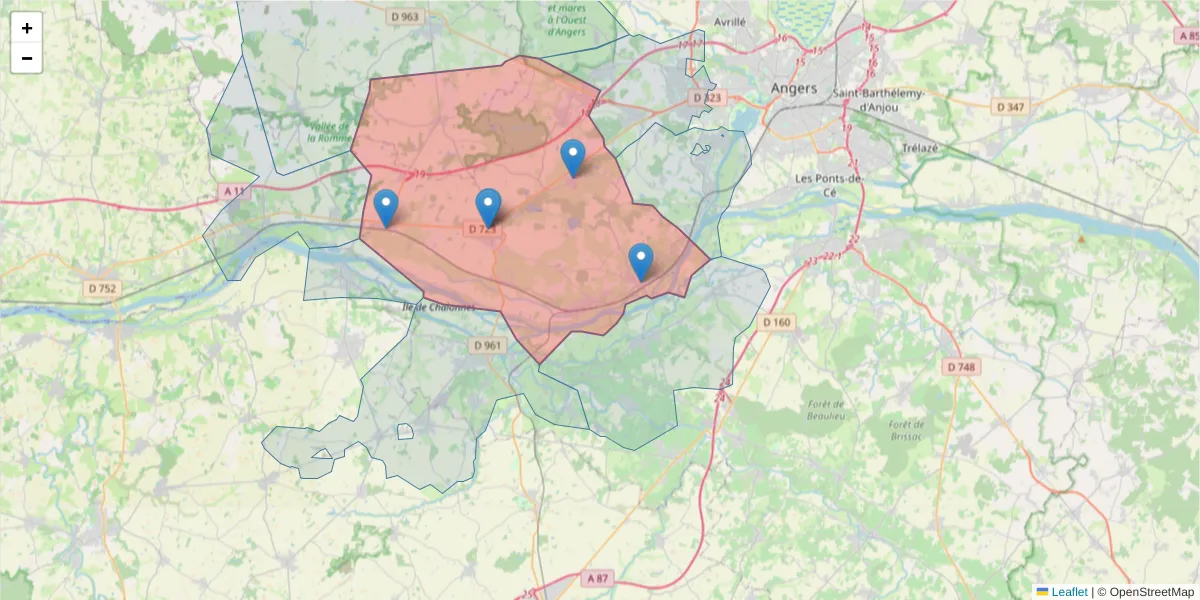 Carte de la zone du code postal  et des codes postaux voisins en France
