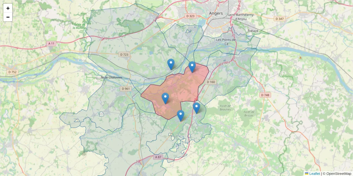 Carte de la zone du code postal  et des codes postaux voisins en France