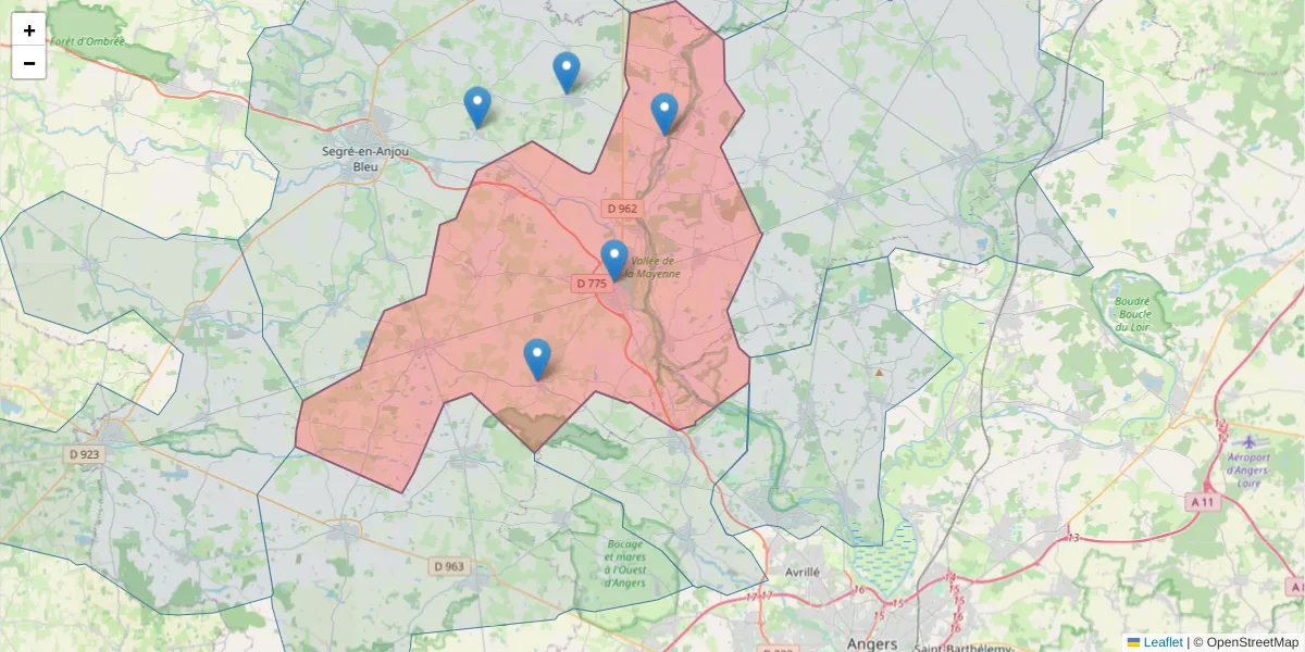 Carte de la zone du code postal  et des codes postaux voisins en France