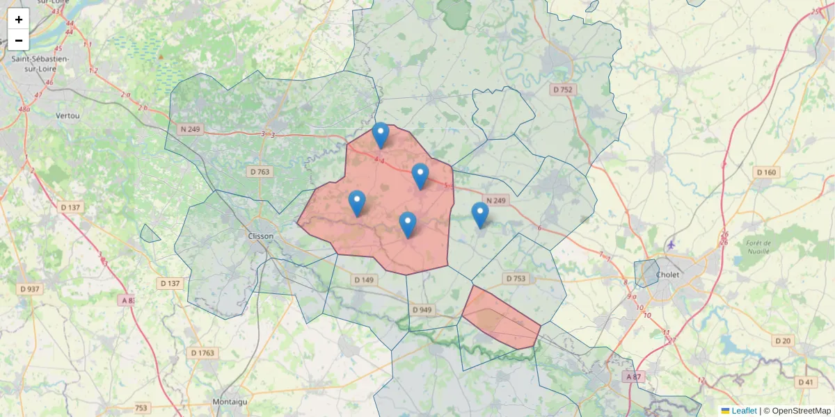 Carte de la zone du code postal  et des codes postaux voisins en France