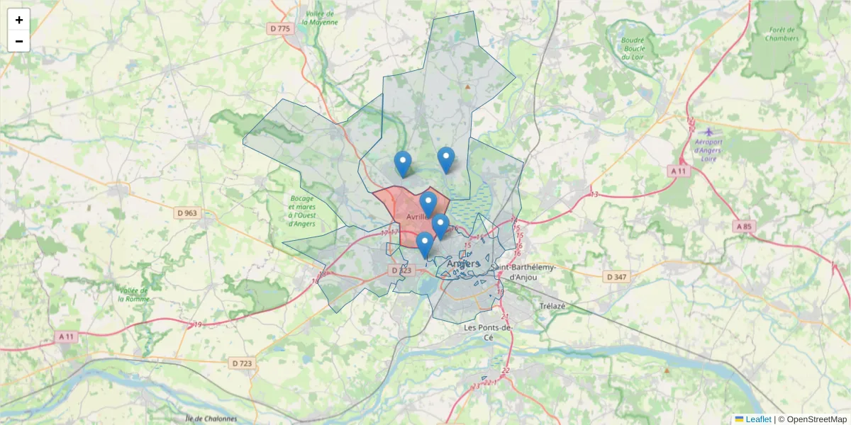 Carte de la zone du code postal  et des codes postaux voisins en France