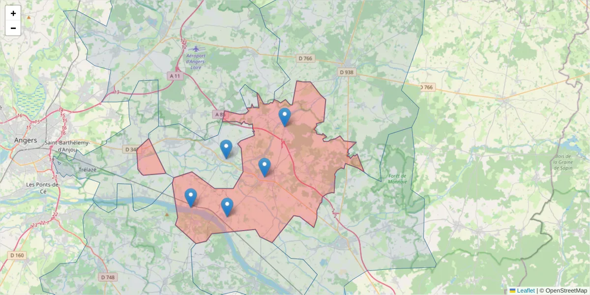Carte de la zone du code postal  et des codes postaux voisins en France