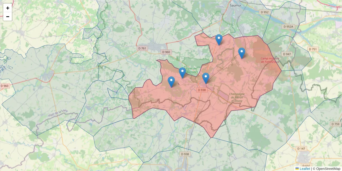 Carte de la zone du code postal  et des codes postaux voisins en France