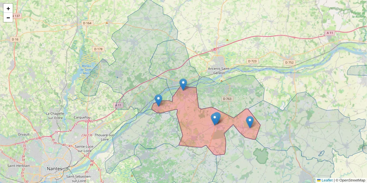 Carte de la zone du code postal  et des codes postaux voisins en France