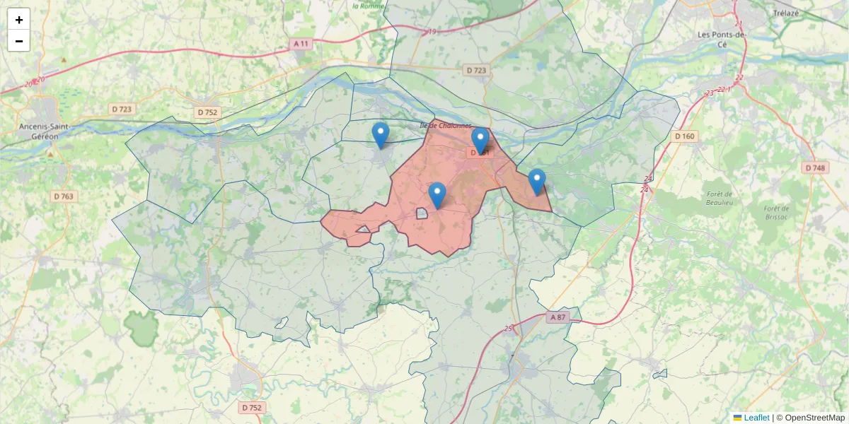 Carte de la zone du code postal  et des codes postaux voisins en France