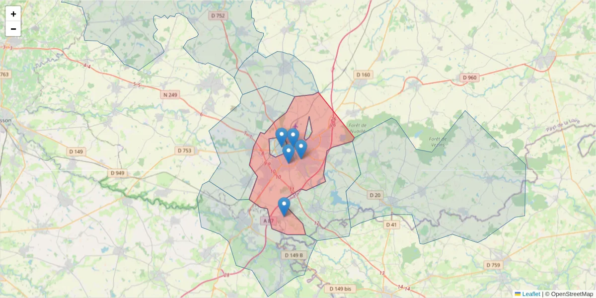 Carte de la zone du code postal  et des codes postaux voisins en France