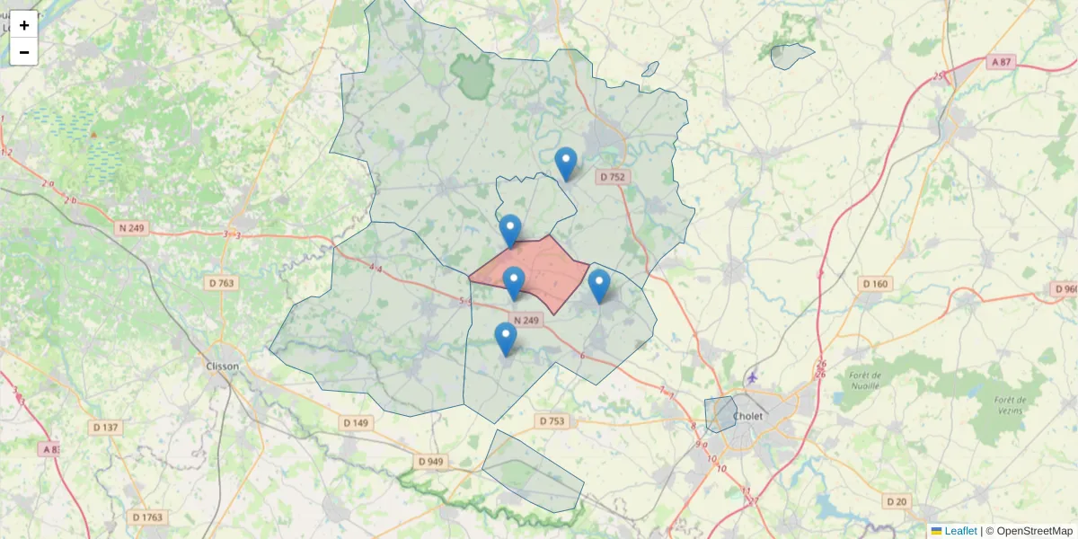 Carte de la zone du code postal  et des codes postaux voisins en France