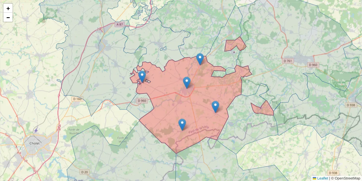 Carte de la zone du code postal  et des codes postaux voisins en France