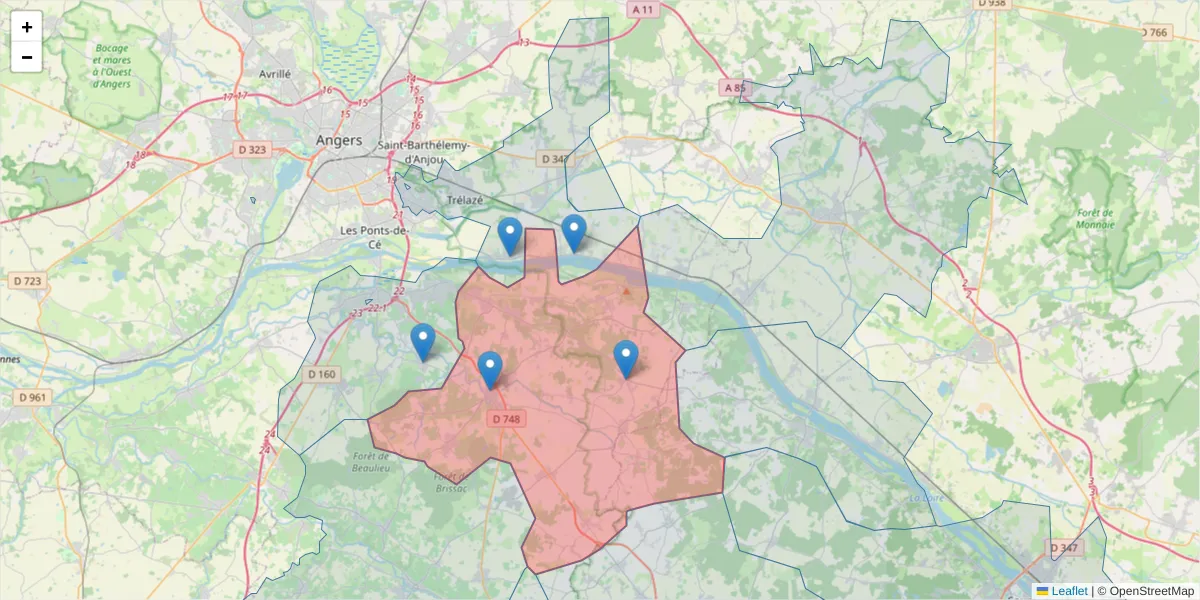 Carte de la zone du code postal  et des codes postaux voisins en France