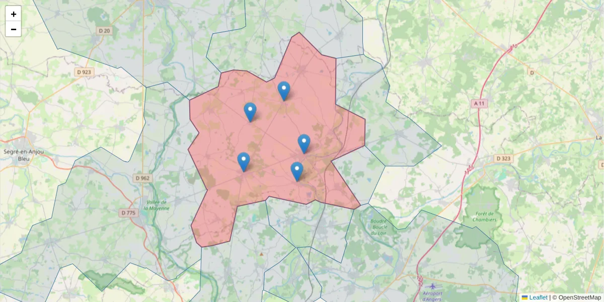 Carte de la zone du code postal  et des codes postaux voisins en France