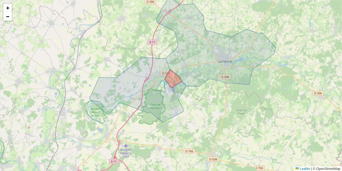 Carte de la zone du code postal  et des codes postaux voisins en France
