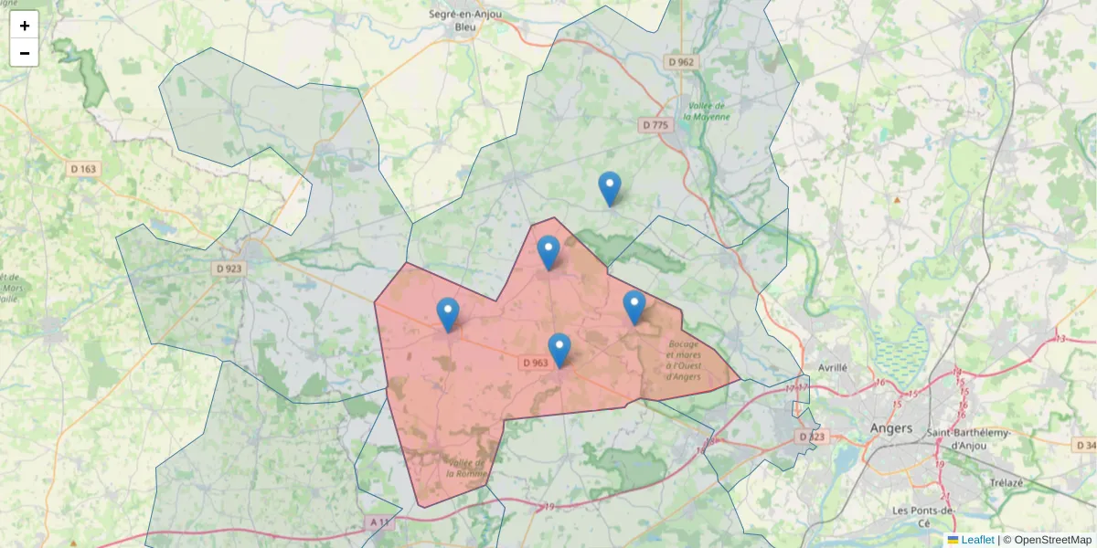 Carte de la zone du code postal  et des codes postaux voisins en France