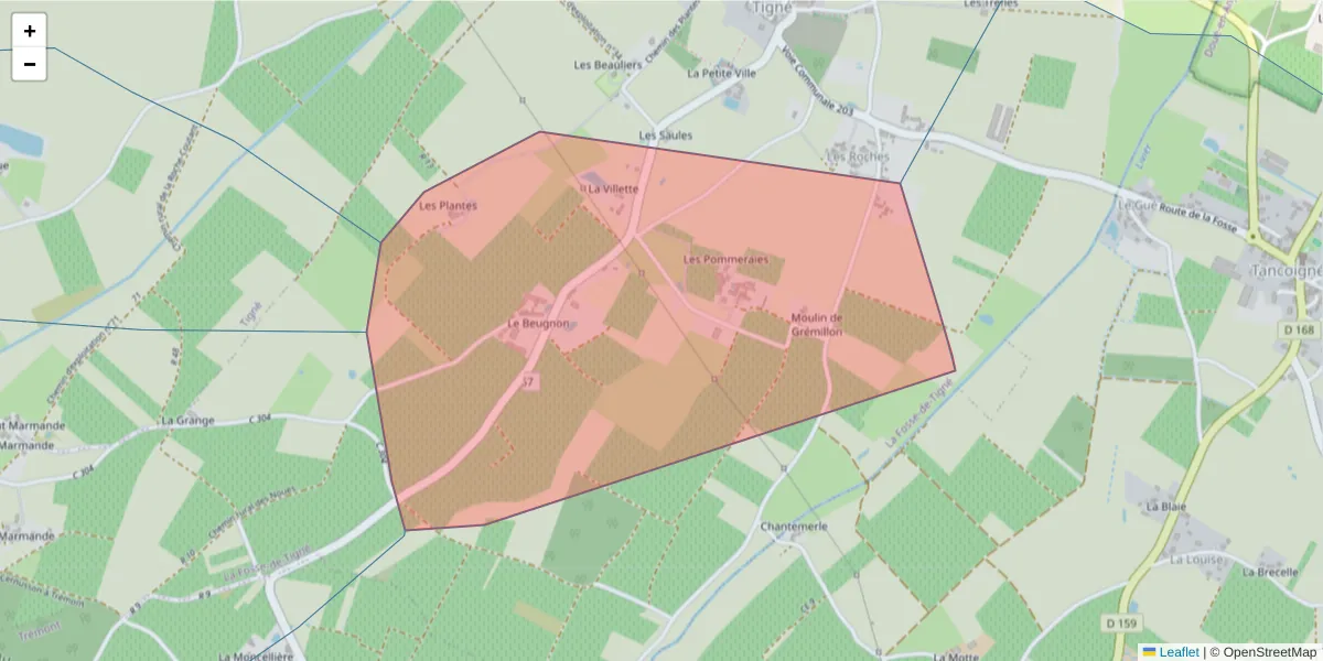 Carte de la zone du code postal  et des codes postaux voisins en France