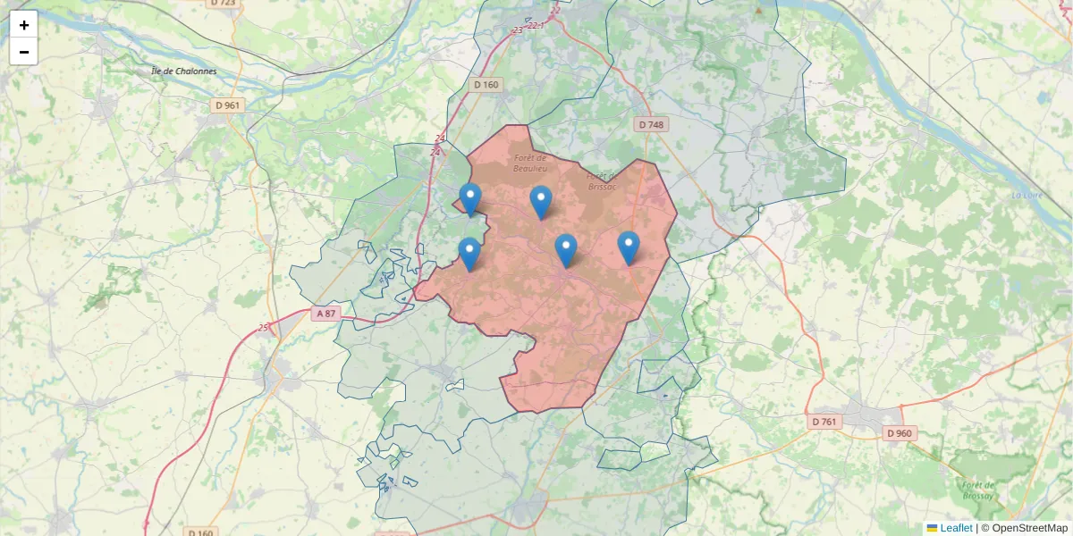 Carte de la zone du code postal  et des codes postaux voisins en France