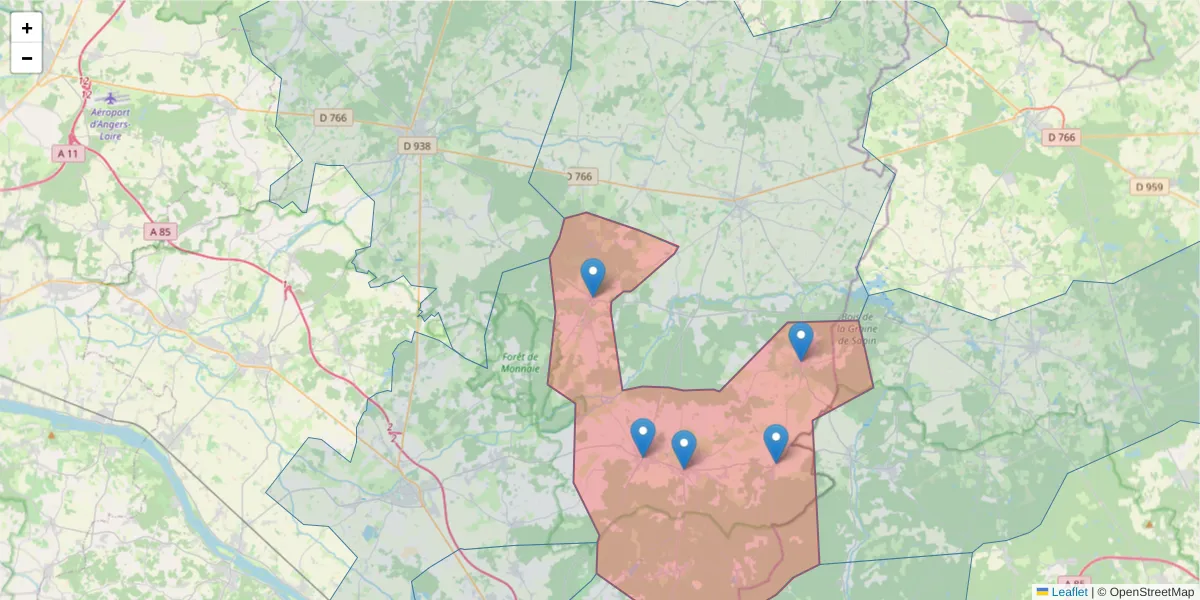 Carte de la zone du code postal  et des codes postaux voisins en France