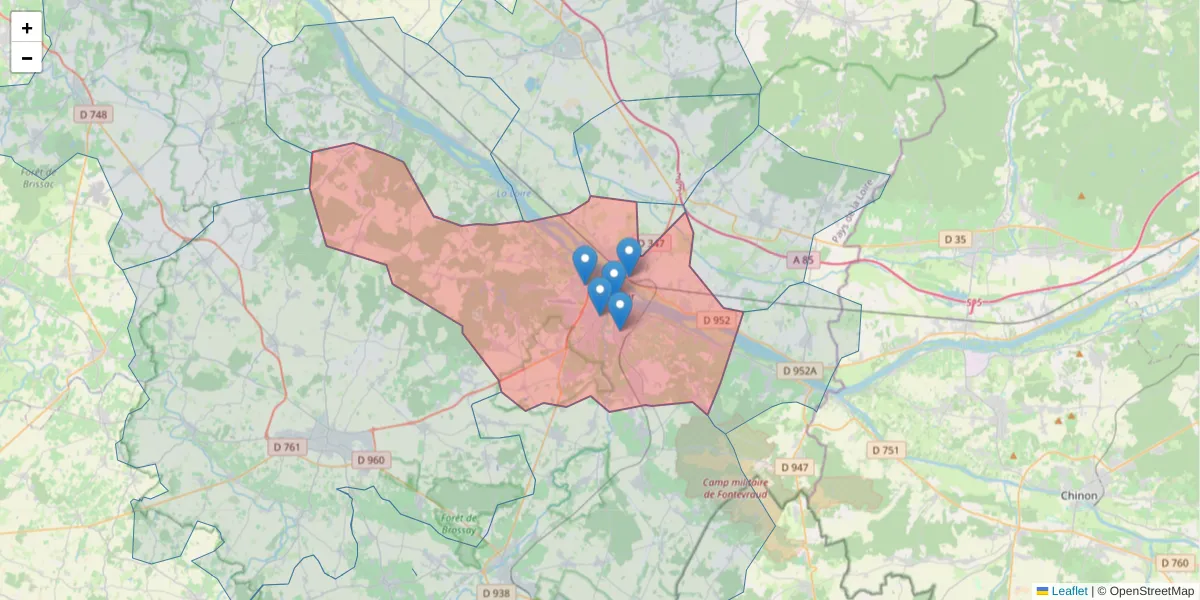Carte de la zone du code postal  et des codes postaux voisins en France