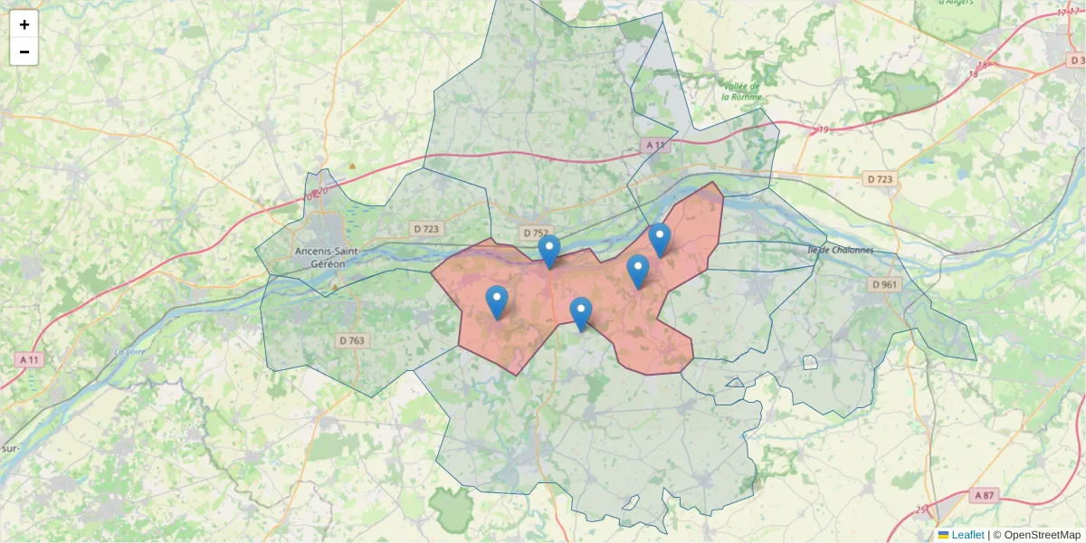 Carte de la zone du code postal  et des codes postaux voisins en France