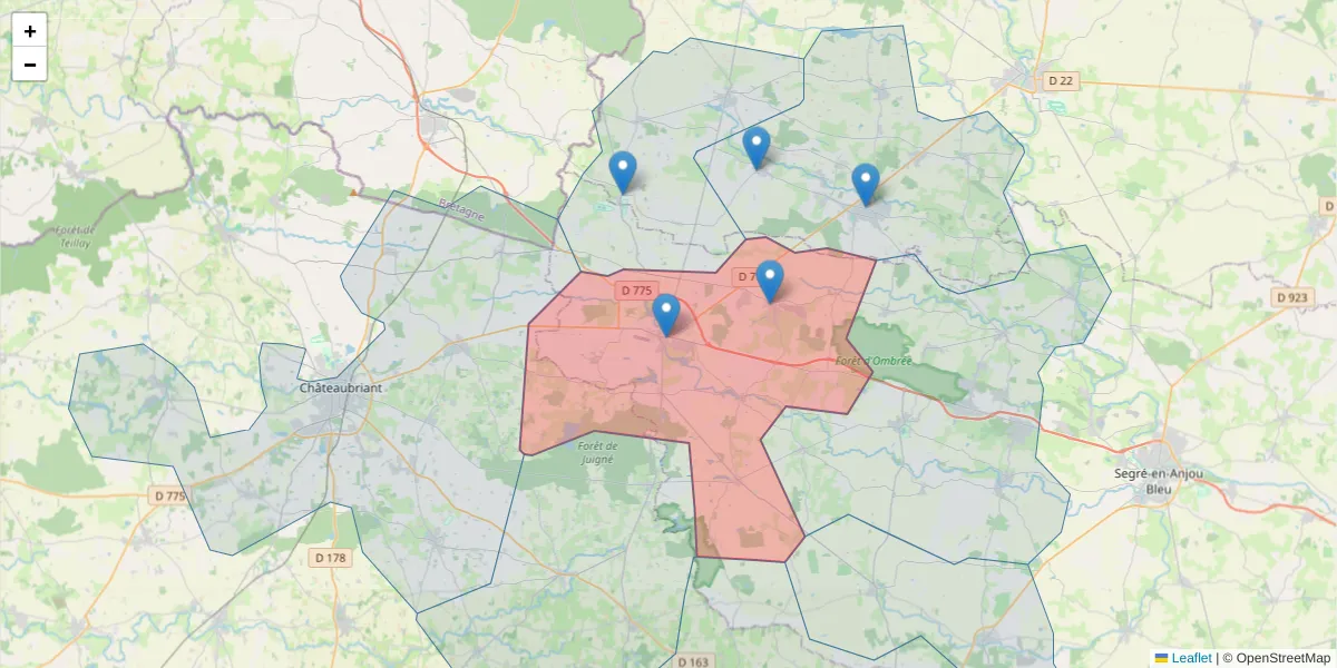 Carte de la zone du code postal  et des codes postaux voisins en France