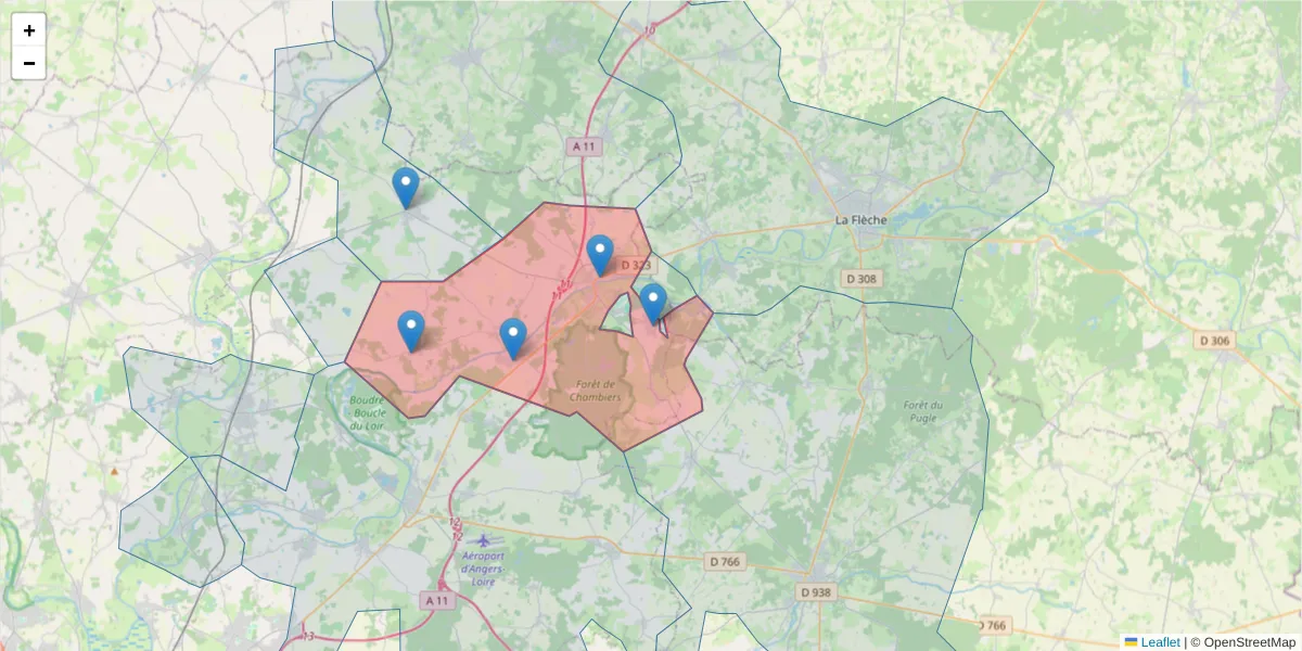 Carte de la zone du code postal  et des codes postaux voisins en France