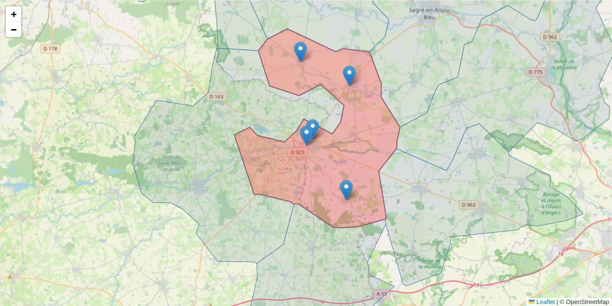Carte de la zone du code postal  et des codes postaux voisins en France