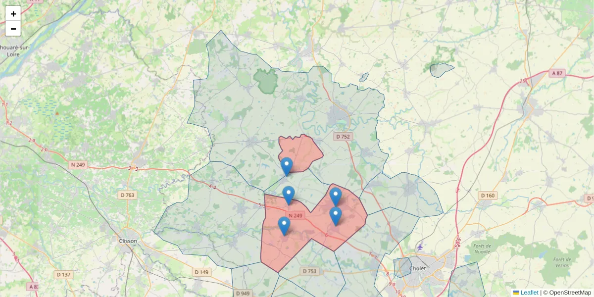 Carte de la zone du code postal  et des codes postaux voisins en France