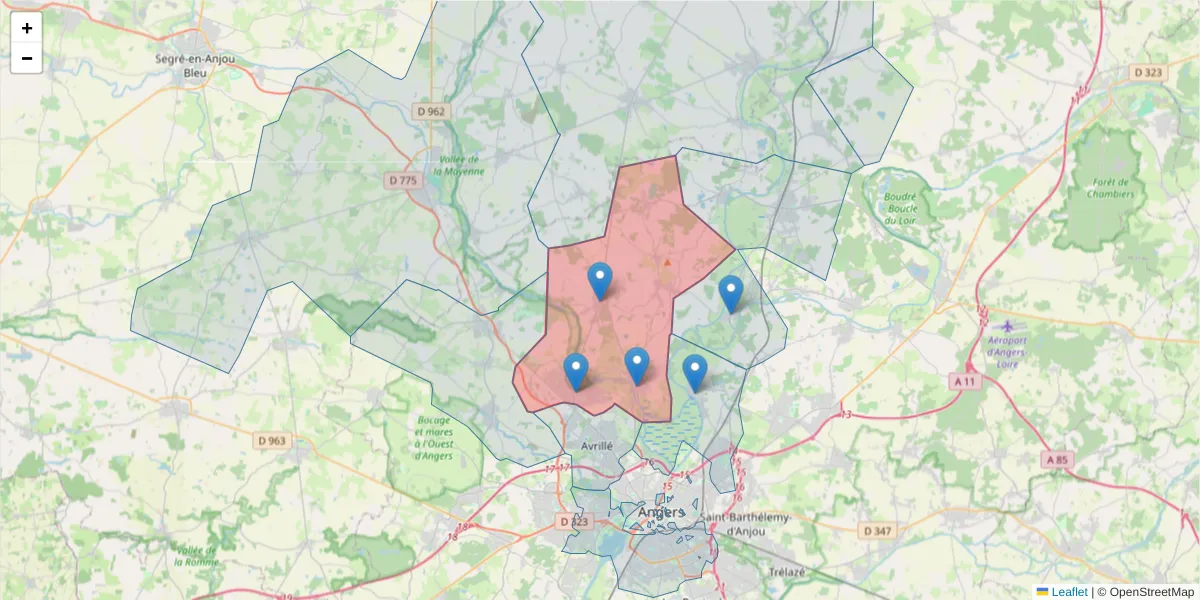 Carte de la zone du code postal  et des codes postaux voisins en France