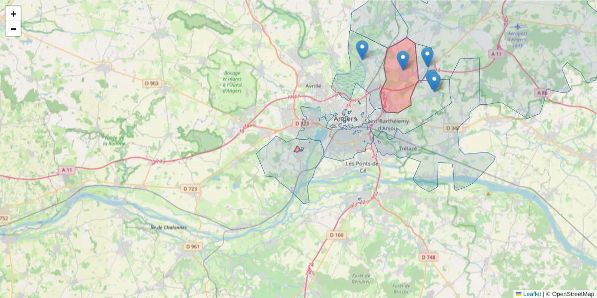 Carte de la zone du code postal  et des codes postaux voisins en France