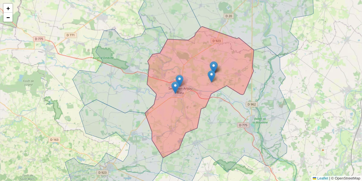 Carte de la zone du code postal  et des codes postaux voisins en France
