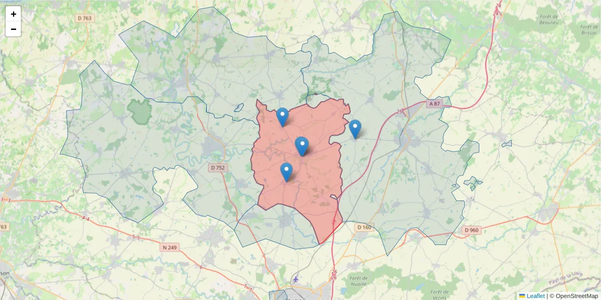 Carte de la zone du code postal  et des codes postaux voisins en France