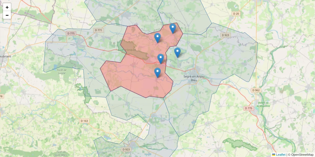 Carte de la zone du code postal  et des codes postaux voisins en France