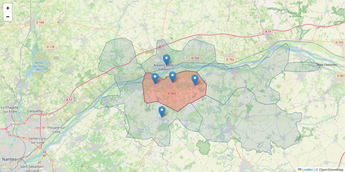 Carte de la zone du code postal  et des codes postaux voisins en France