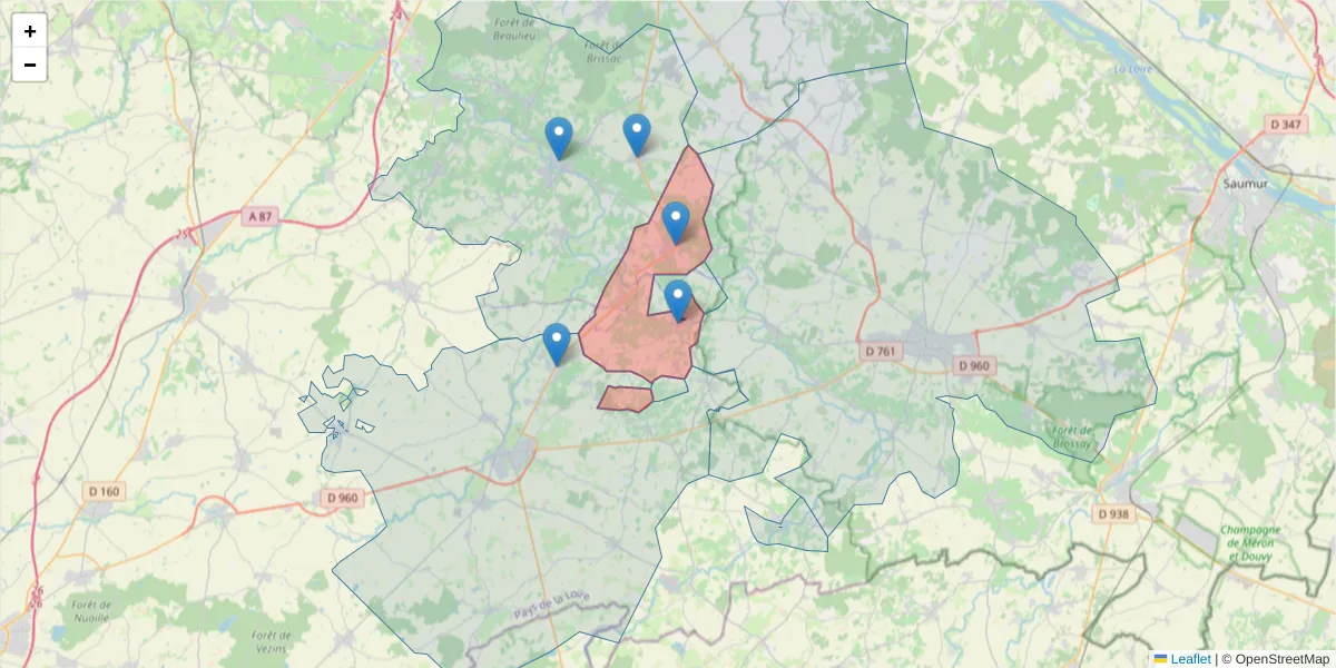 Carte de la zone du code postal  et des codes postaux voisins en France