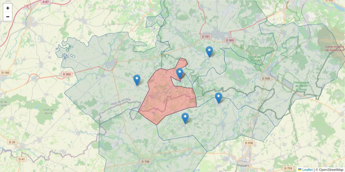 Carte de la zone du code postal  et des codes postaux voisins en France