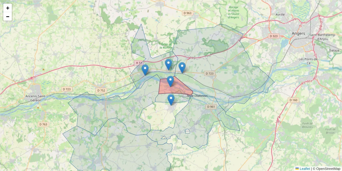 Carte de la zone du code postal  et des codes postaux voisins en France
