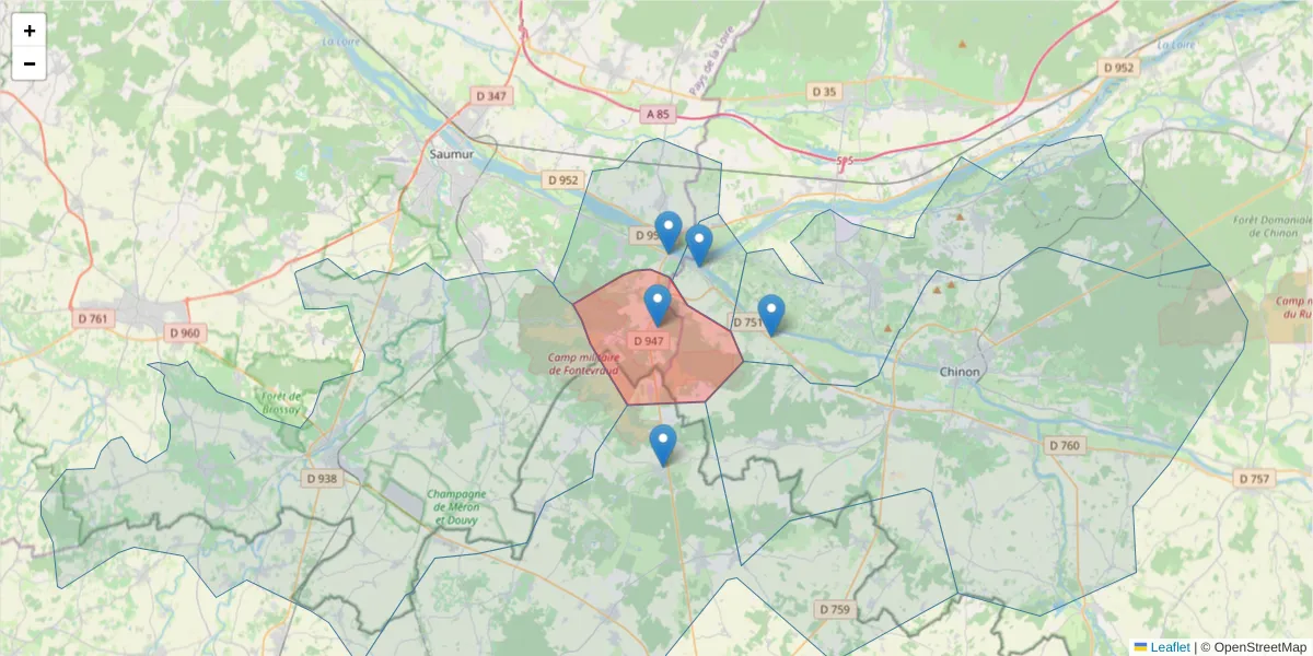Carte de la zone du code postal  et des codes postaux voisins en France