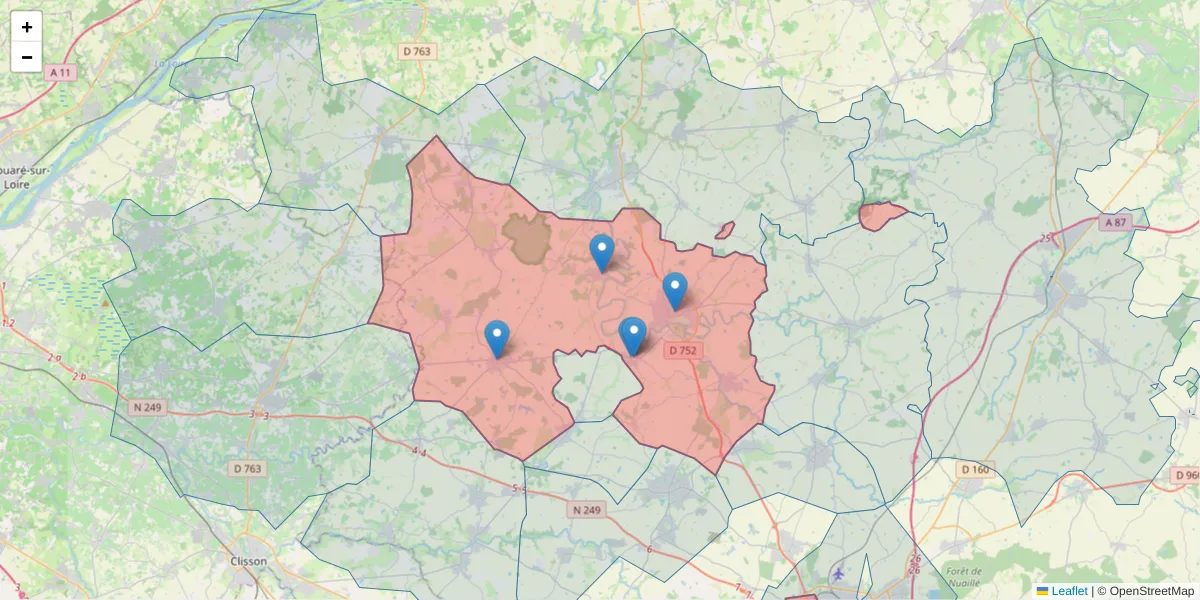 Carte de la zone du code postal  et des codes postaux voisins en France