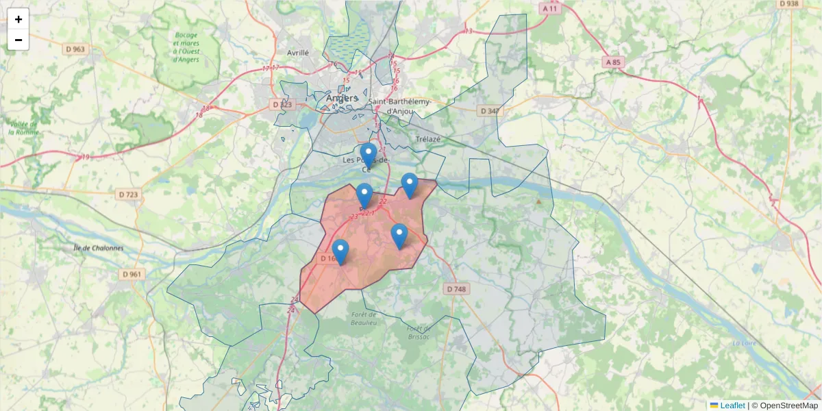 Carte de la zone du code postal  et des codes postaux voisins en France