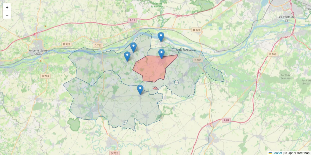 Carte de la zone du code postal  et des codes postaux voisins en France