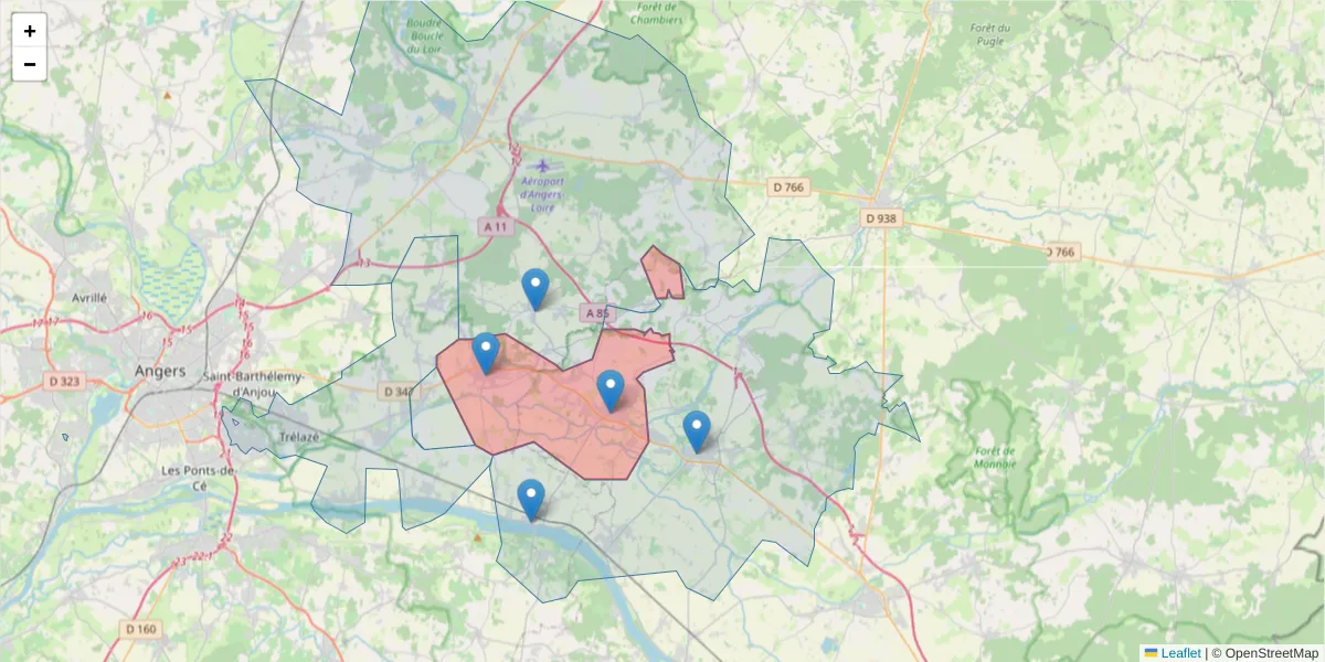 Carte de la zone du code postal  et des codes postaux voisins en France