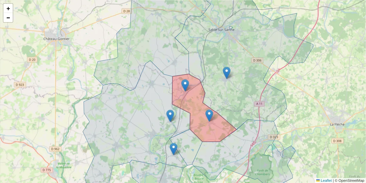 Carte de la zone du code postal  et des codes postaux voisins en France
