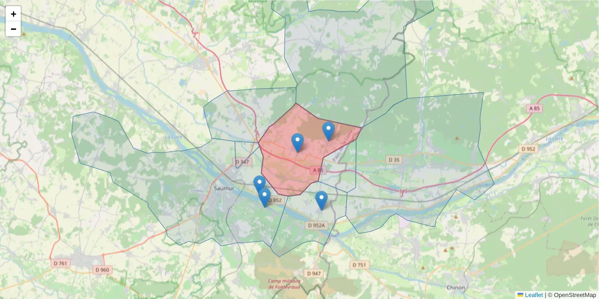 Carte de la zone du code postal  et des codes postaux voisins en France