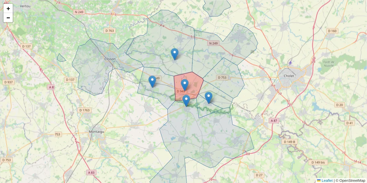 Carte de la zone du code postal  et des codes postaux voisins en France