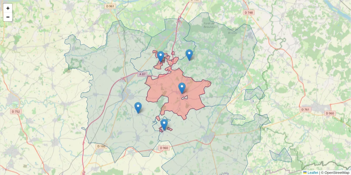 Carte de la zone du code postal  et des codes postaux voisins en France