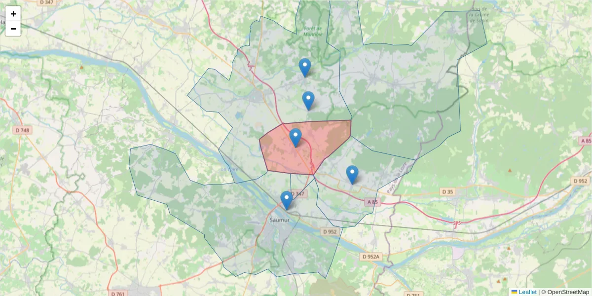 Carte de la zone du code postal  et des codes postaux voisins en France