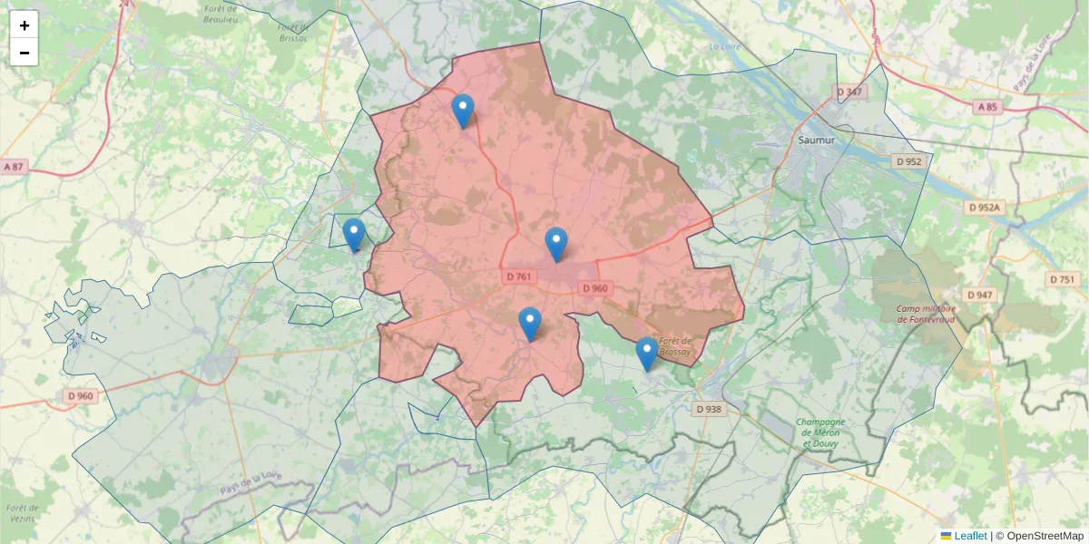 Carte de la zone du code postal  et des codes postaux voisins en France